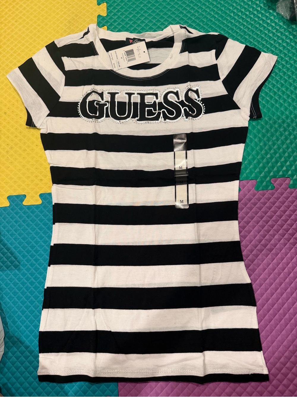 GUESS Black & White Striped Logo Tee Dress